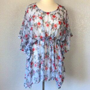 California Woman Cover Up One Size Light Blue Floral Drawstring Waist Kaftan
